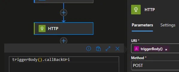 Setting the URI of a HTTP action in a Logic App using an expression based on the callback URI provided by the request