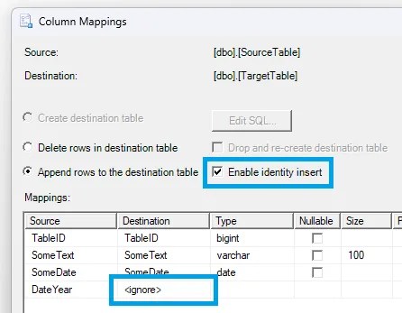 Import Data wizard column mapping which is modified to account for an identity column and computed column