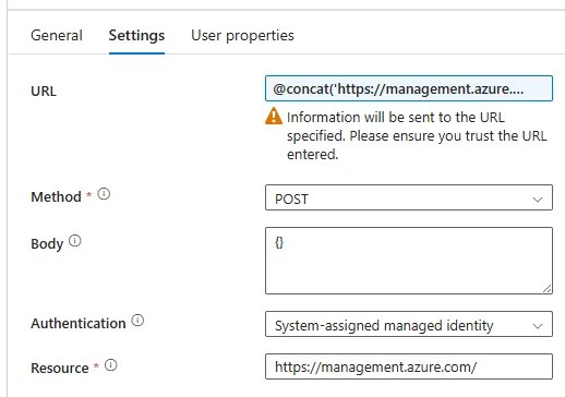 Settings for the Web activity with a dynamic URL to call the API, an empty body, and managed identity authentication