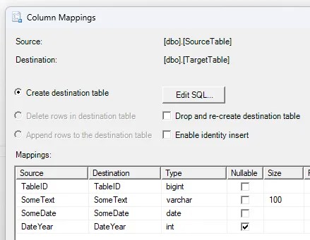 Column Mapping within the Import Wizard showing column metadata