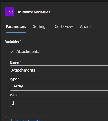 Initialise Variables action showing an empty array variable created to contain attachment details