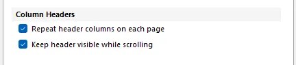 Tablix properties showing options for column headers to repeat on each page and remain visible while scrolling