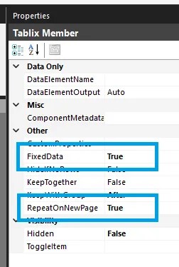 Properties available for the static row group with FixedData and RepeatOnNewPage settings highlighted