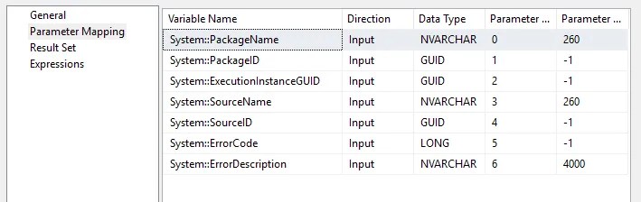 Parameter mapping for the stored procedure showing the mapping of system variables