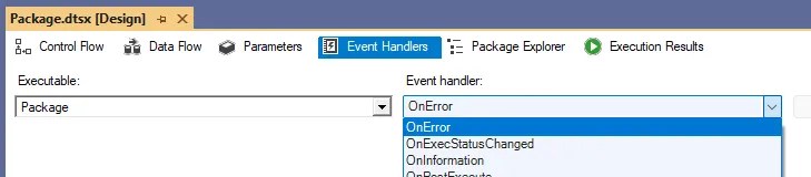SSIS package interface with the Event Handlers tab highlighted and the dropdown expanded to show multiple events