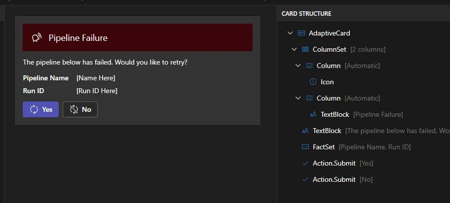 Adaptive Card designer showing template use for this example