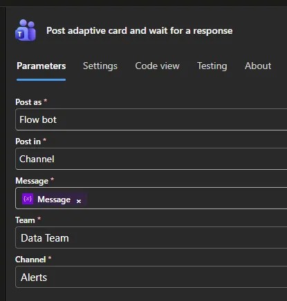 Configuration for posting the adaptive card into Teams