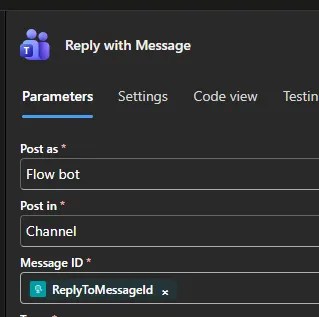 Settings for the reply action showing the messageId field populated from the payload