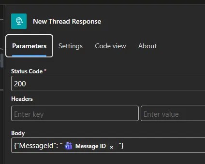 Response action with the JSON body populated with a custom payload including the ID of the message which has been posted