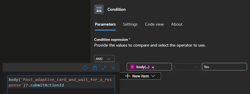 Configuration for the Condition action to retrieve the card response