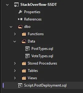 Database project structure with a post deployment script and separate default data files