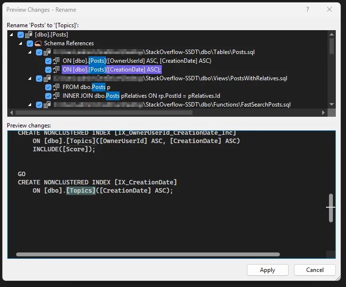 Refactor dialog showing the impact of refactoring a table name