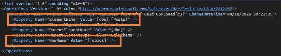 XML contents of the refactor log with sections highlighted where the rename is contained
