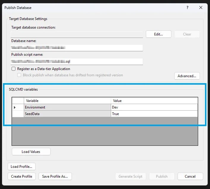 Database Project Publish dialog with SQLCMD variables section highlighted