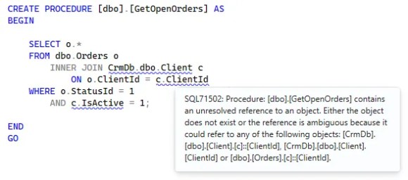 Sample procedure which has warnings that objects are not recognised in the project