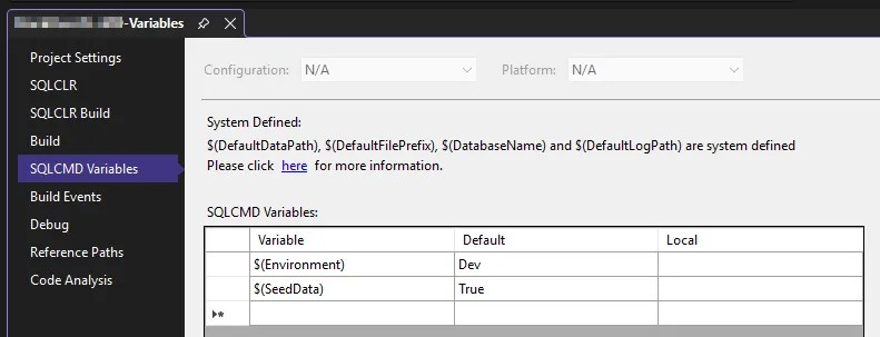 Project properties with the SQLCMD Variables tab selected