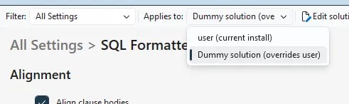 SSMS options showing a dropdown allowing configuration to be saved into a solution