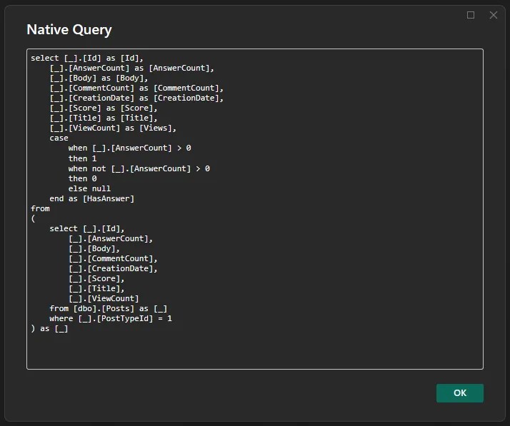 Native SQL query generated by Power Query after query folding, showing filters and a calculated column pushed into SQL Server