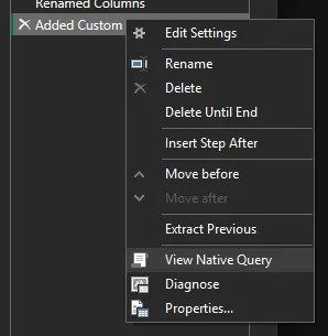 Power Query context menu showing the 'View Native Query' option for the selected transformation step