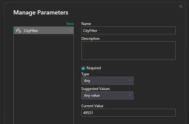 Power BI Manage Parameters dialog showing a parameter named CityFilter configured with a numeric current value used to filter data during development