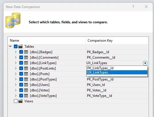 SSDT Data Compare setup showing selected tables and their comparison keys, including a unique index chosen instead of the primary key