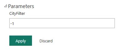 Power BI Service semantic model settings showing the Parameters section with the CityFilter parameter set to -1 for a full production refresh