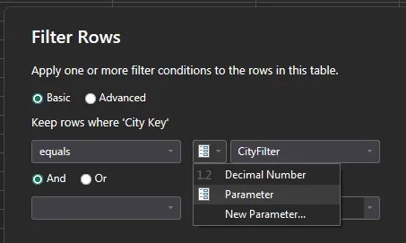 Power Query Filter Rows dialog showing the City Key column being filtered using the CityFilter parameter instead of a fixed value