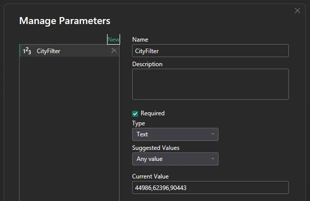 Power BI Manage Parameters dialog configured with a text parameter containing a comma-separated list of city keys for multi-value filtering