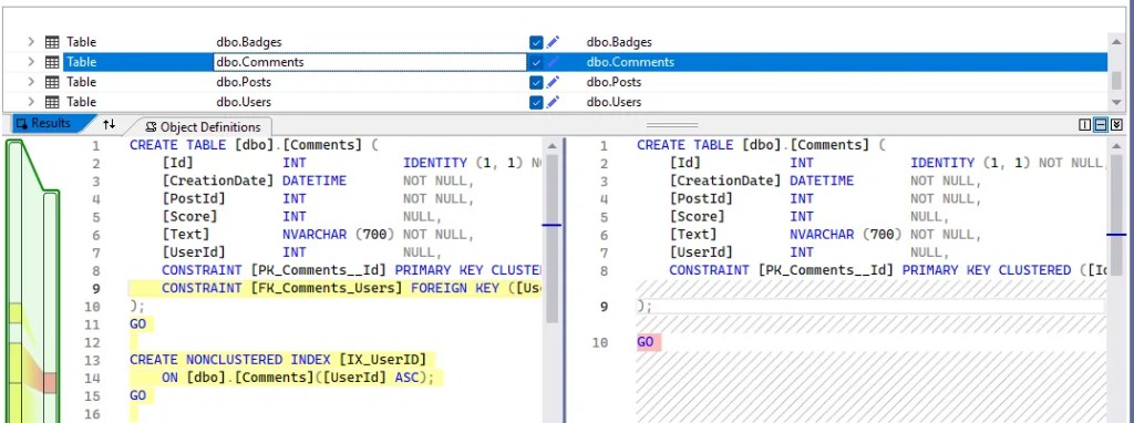 SSDT Schema Compare showing differences between two versions of the same table, including a missing foreign key and index