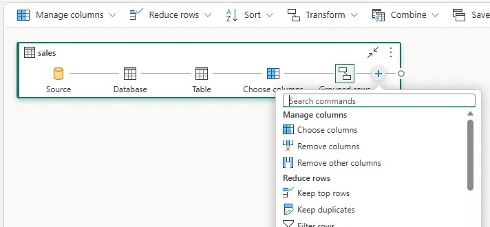 Screenshot of Microsoft Fabric Visual Query showing a sales query with transformation steps and the command menu for managing columns and reducing rows.