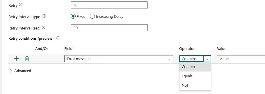 Fabric pipeline activity retry conditions, showing the error message field and the Contains, Equals and Not operators